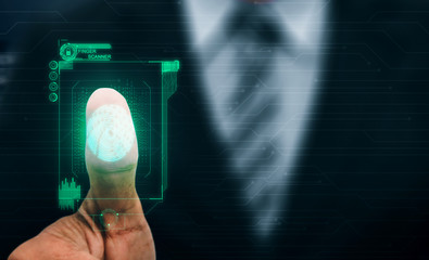 Fingerprint Biometric Digital Scan Technology. Graphic interface showing man finger with print...