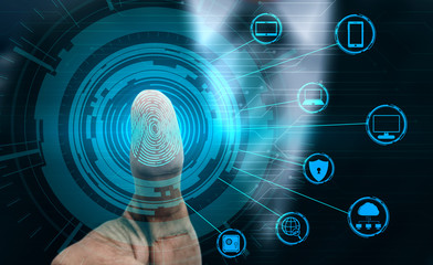 Fingerprint Biometric Digital Scan Technology. Graphic interface showing man finger with print scanning identification. Concept of digital security and private data access by use fingerprint scanner.