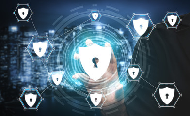 Cyber Security and Digital Data Protection Concept. Icon graphic interface showing secure firewall...
