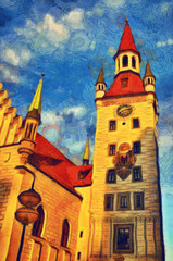 Old Town Hall Tower in Munich, Germany. Impressionist oil painting