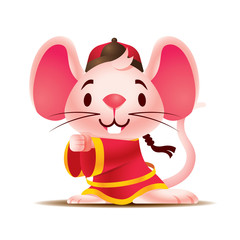 Cartoon cute white rat with big ears wears traditional Chinese jacket greeting Gong Xi Fa Cai. Rat Chinese New Year 2020. The year of rat/mice/mouse. - Vector 