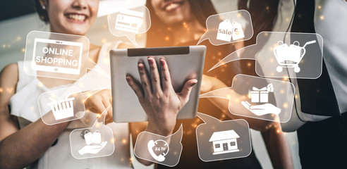 Online shopping and Internet Money Payment Transaction Technology. Modern graphic interface showing...