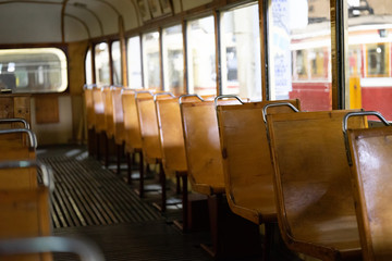 Wooden seats in an old tram