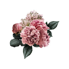 Floral arrangement, bouquet of garden flowers. Pink peonies, green leaves, white roses, hydrangea...
