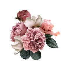 Floral arrangement, bouquet of garden flowers. Pink peonies, green leaves, white roses, iris...