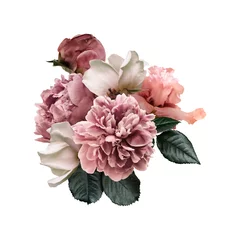 Foto op Canvas Bloemstuk, boeket tuinbloemen. Roze pioenrozen, groene bladeren, witte rozen, iris geïsoleerd op een witte achtergrond. Kan worden gebruikt voor uw projecten, huwelijksuitnodigingen, wenskaarten. © RinaM