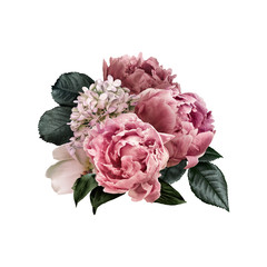 Floral arrangement, bouquet of garden flowers. Pink peonies, green leaves, white roses, hydrangea isolated on white background. Can be used for your projects, wedding invitations, greeting cards.