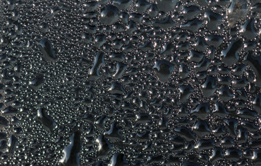 Drops of black liquid on a glass surface