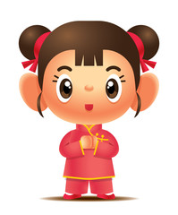 Cartoon cute girl wearing traditional chinese cheongsam wishes happy chinese new year - vector mascot character