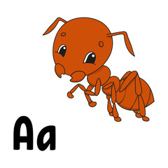 Funny alphabet. ABC flash cards. Cartoon cute character isolated on white background. For kids education. Developing worksheet. Learning letters. Vector illustration.