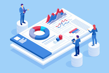 Isometric website and mobile website development concept. Website promotion and analytics, Social Media Marketing website