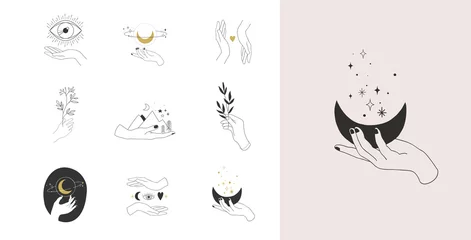 Fotobehang Collection of fine, hand drawn style logos and icons of hands. Fashion, skin care and wedding concept illustrations. © Marina Zlochin