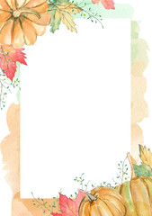 Watercolor card with  hand painted autumn leaves foliage inspired by garden greenery and plants. Hand painted fall foliage background for wedding invintation, greeting card, bznner, poster, template.