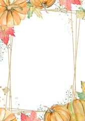 Watercolor card with hand painted autumn leaves foliage and pumpkin inspired by garden greenery and plants. Hand painted fall foliage background for wedding invintation, greeting card, banner, poster.