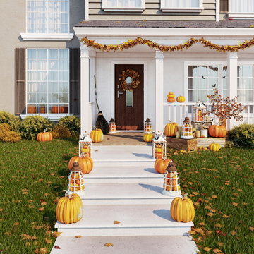 Porch of the house, decorated for Halloween. The decor is made of pumpkins, candlesticks, dry leaves and candles. 3d render