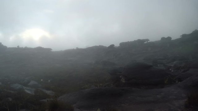 Clouds and fog on the top of Mount Roraima in the evening in Canaima national park in Venezuela. 