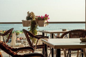 Durres Albania - 2019: Sea cafe pizzeria restaurant on the beach