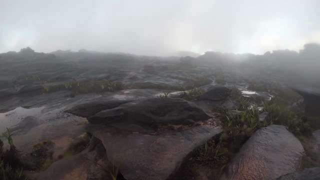 Clouds and fog on the top of Mount Roraima in the evening in Canaima national park in Venezuela. 