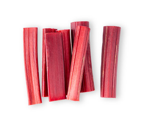Rhubarb stalks on a white background. top view