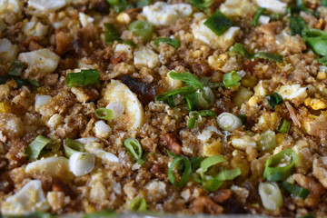 Filipino food, "pancit malabon" toppings. These toppings can also be used for "pancit palabok". This is made up of eggs, green onions, and "chicharon" (dried then fried pork skin).