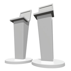 LCD Screen Stand. Trade Show Booth. 3d render of tv info kiosk isolated on white background. High Resolution. Ad template for your expo design.