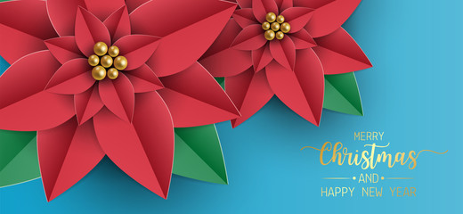 Merry Christmas and happy new year greeting card, postcard, poster with red and white poinsettia flowers on blue background. Vector illustration