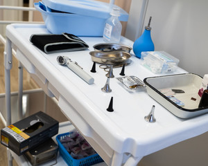 The set of medical instrument for nose and ears on the table in hospital