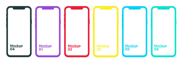 Smartphone six color mockup with blank screen isolated on background