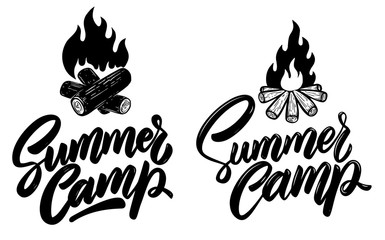 Obraz premium Summer camp. Lettering phrase with illustration of campfire. Design element for poster, card, banner, t shirt, emblem, sign. Vector illustration