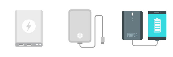 Power bank icon set. Flat set of power bank vector icons for web design