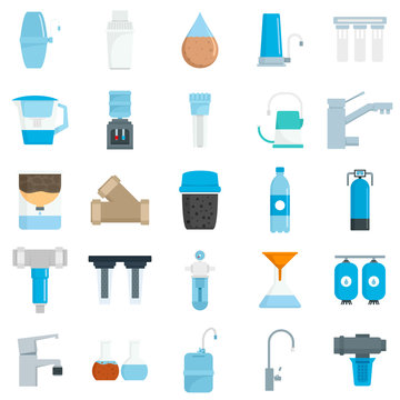 Filter water icon set. Flat set of filter water vector icons for web design