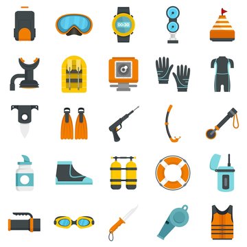 Snorkeling equipment icon set. Flat set of snorkeling equipment vector icons for web design