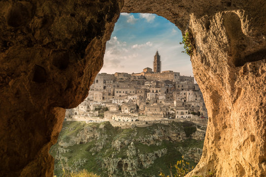 View of Matera town  from a cave ( sassi ) Italy