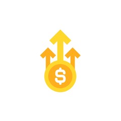 dollar growth vector icon. gold dollar coin with three up arrows. Flat icon. Isolated on white.
