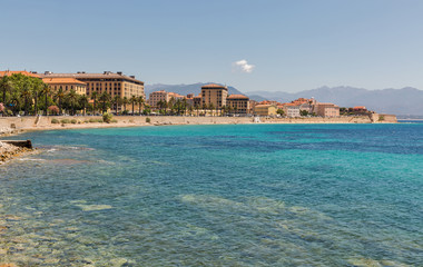 Ajaccio beach cityscape. Corsica island, France.