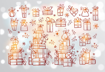 Big collection of gold doodle gift boxes on white glowing background.