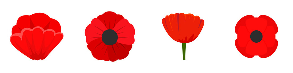 Poppy flowers icon set. Flat set of poppy flowers vector icons for web design - obrazy, fototapety, plakaty