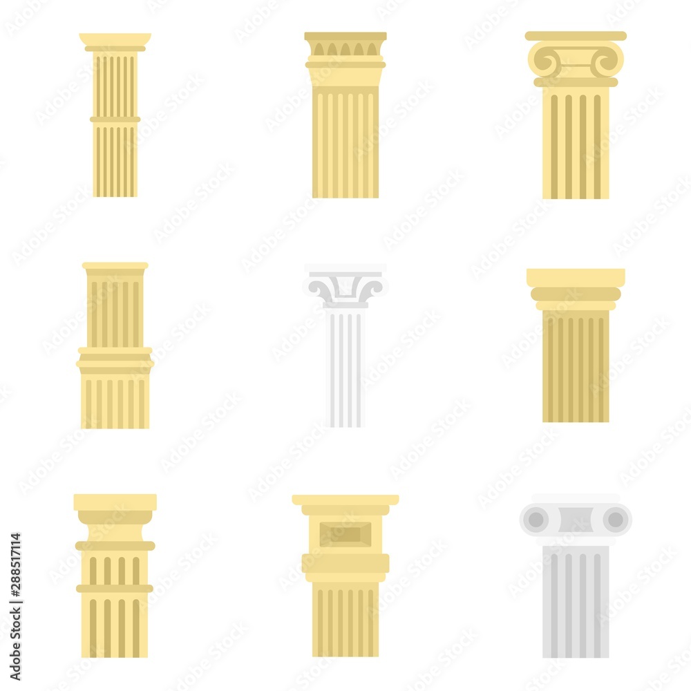 Sticker Pillar icon set. Flat set of pillar vector icons for web design