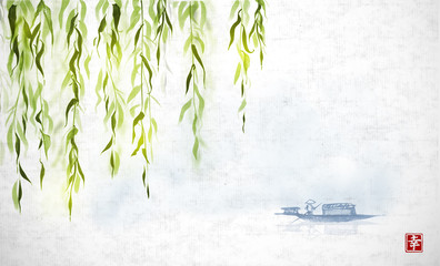 Willow tree and little boat in water. Traditional Japanese ink wash painting sumi-e on rice paper backgrund. Hieroglyph - eternity. - obrazy, fototapety, plakaty