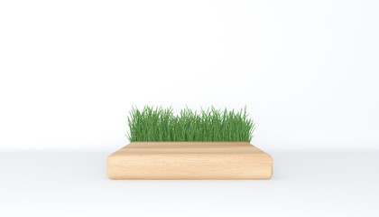 Wooden pedestal for display for presentation of natural products. Platform for design. Blank product stand with empty room. 3D rendering.
