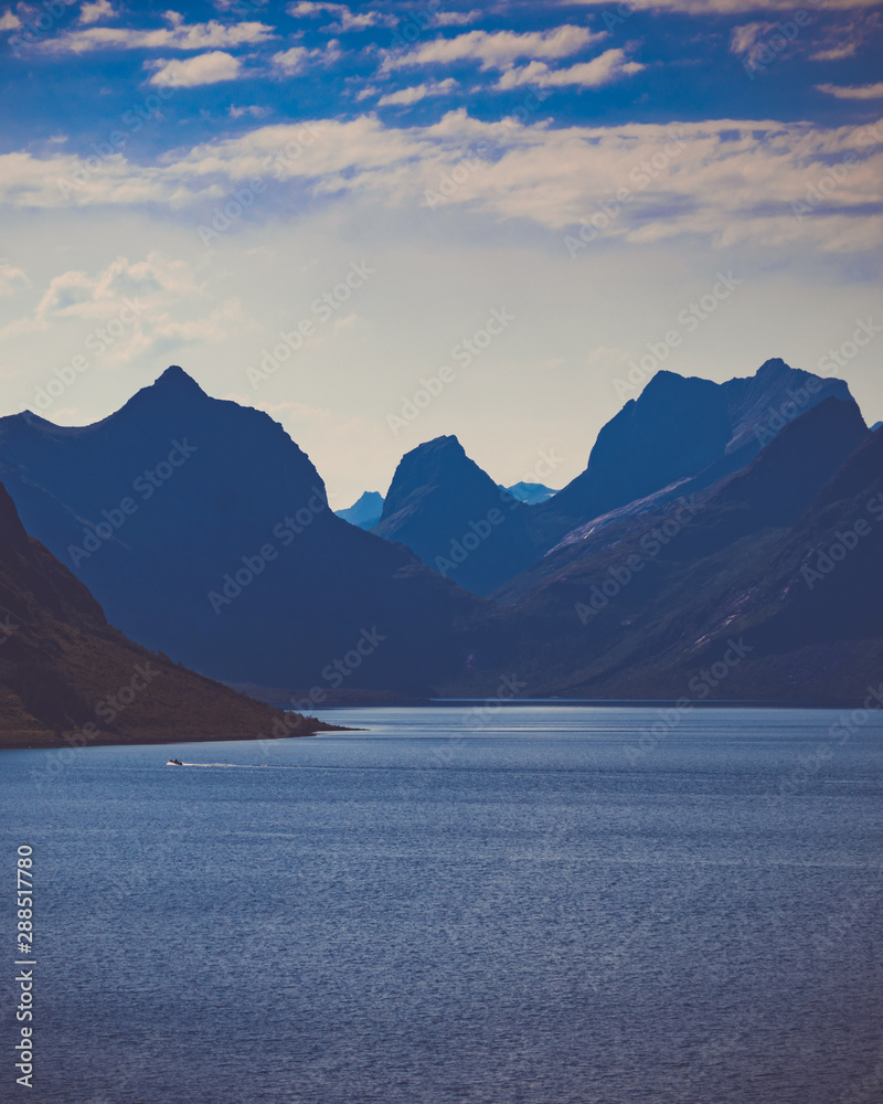 Sticker fjord and mountains landscape. lofoten islands norway