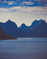 Fjord and mountains landscape. Lofoten islands Norway