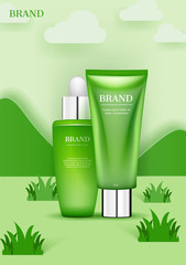 Cosmetic set on grassland with green mountains, paper art style