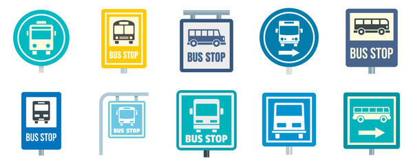 Bus stop icon set. Flat set of bus stop vector icons for web design - obrazy, fototapety, plakaty