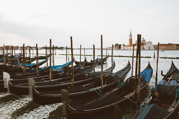 Panoramic view of Laguna Veneta coast of Venice city with gondolas