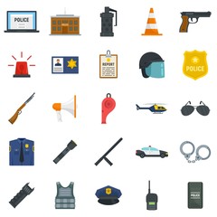 Police equipment icons set. Flat set of police equipment vector icons for web design