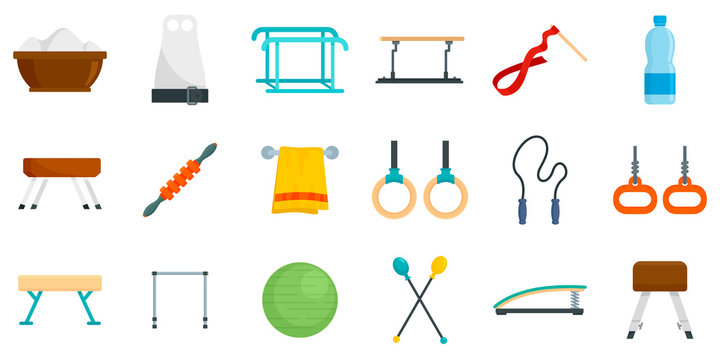 Gymnastics equipment icons set. Flat set of gymnastics equipment vector icons for web design
