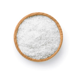 Top view of sea salt in wooden bowl