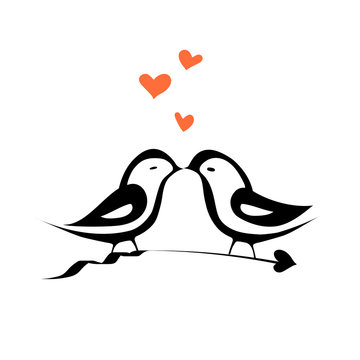 Vector birds with hearts and arrow. Black color style.