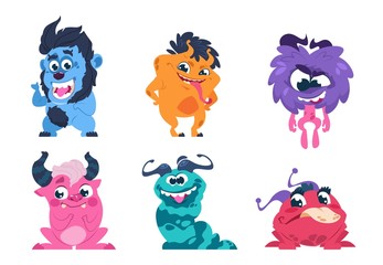 Cartoon monsters. Funny and scary trolls ghosts goblins and aliens with cute faces, cute isolated characters. Vector icon little yelling animal set